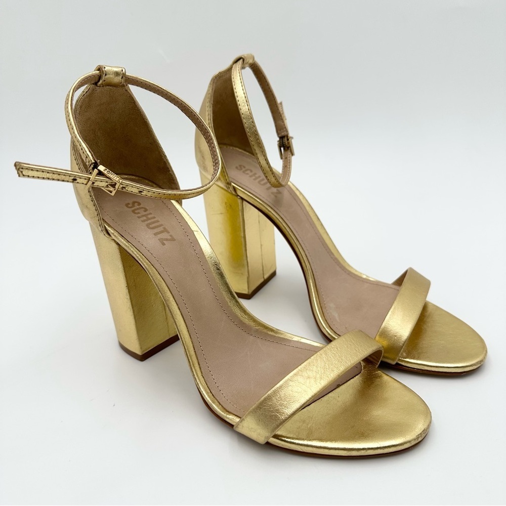 Schutz Cadey Lee Block Metallic Leather Sandal Gold